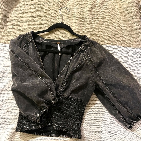 Free People Pamela Denim Blouse Black Acid Wash - Picture 5 of 5